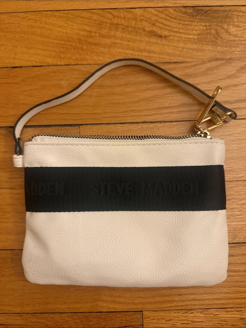 Steve Madden White Wristlet with Black Logo Strap